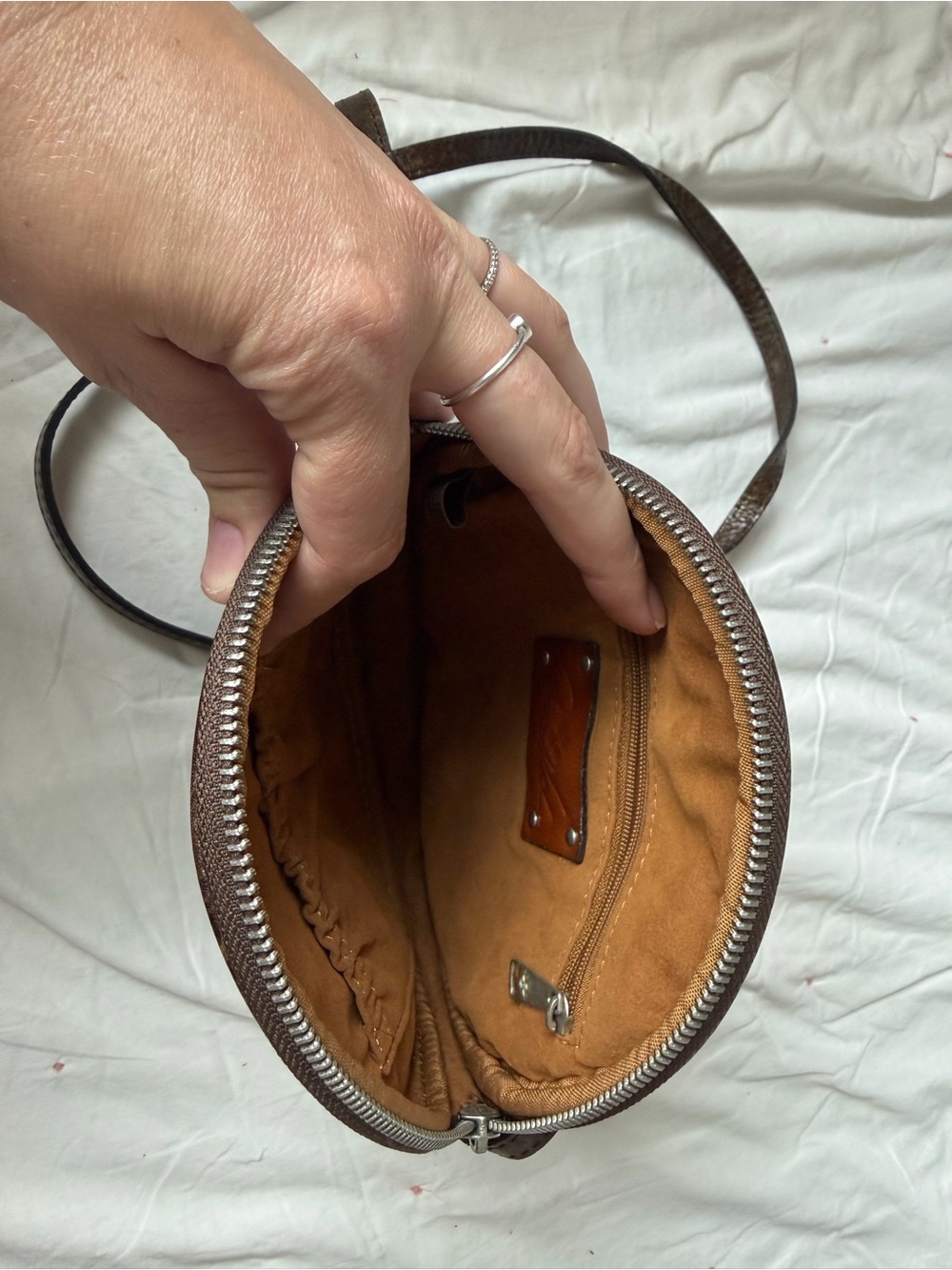 Patricia Nash Turquoise Tooled Round Crossbody with Brown Trim - Picture 5 of 5